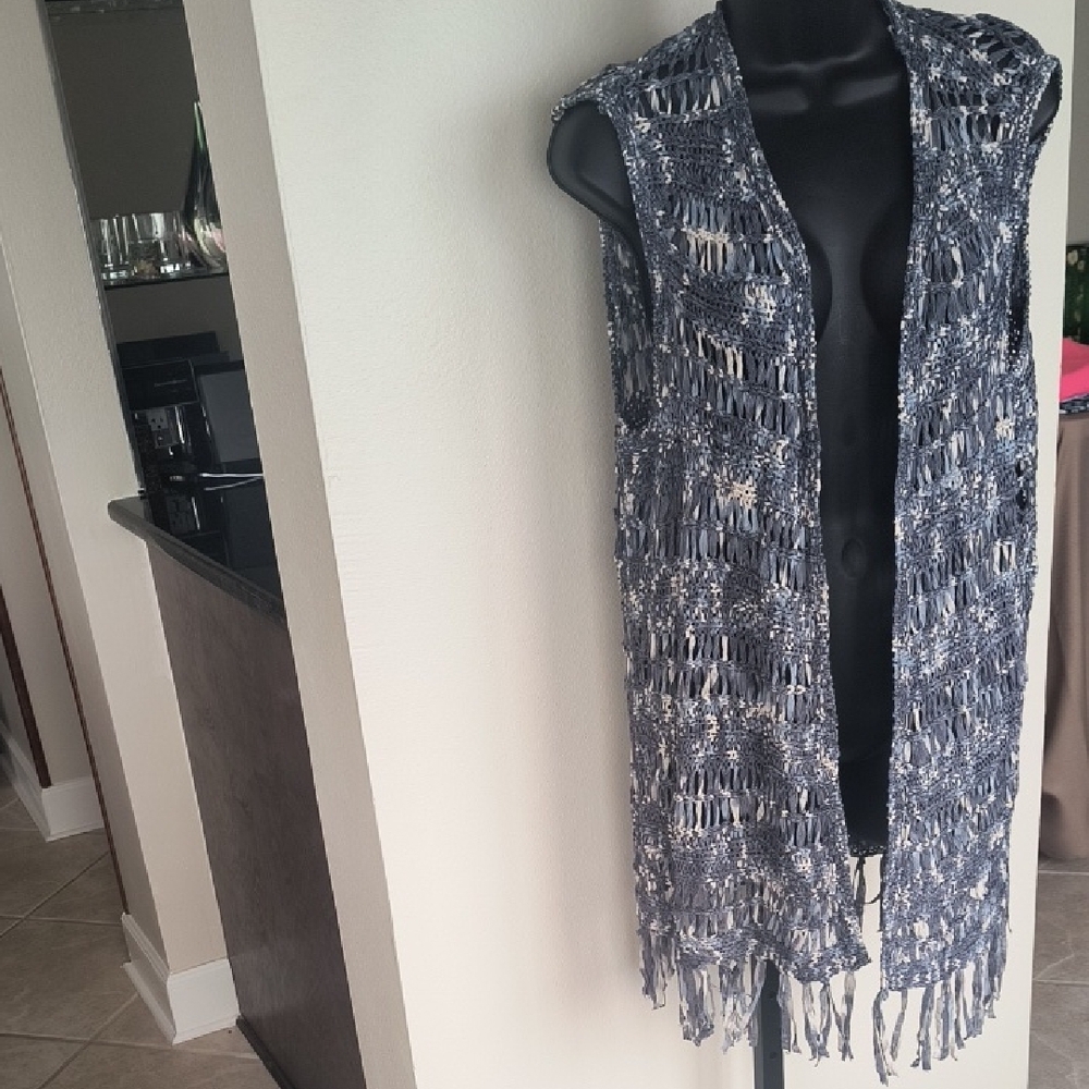 Chico's Blue and White Fringe Scarf Wrap